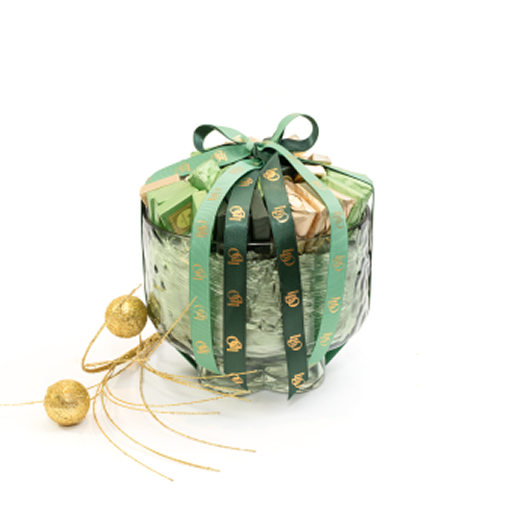 S0097 Coupelle ronde sur pied en verre fumé - 600gr - garnie de chocolat – Image 1